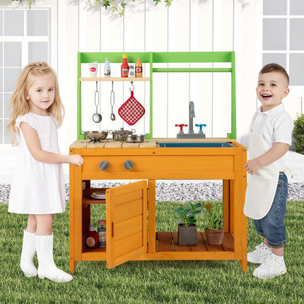 Costzon Mud Kitchen for Kids Outdoor Wooden Play Kitchen w/Stoves