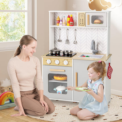 Costzon Kids Kitchen Playset, Wooden Pretend Play Kitchen with Lights and Sounds