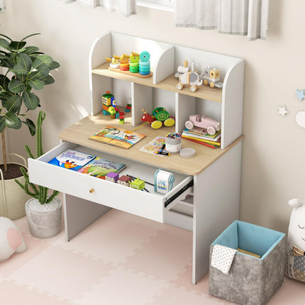 Costzon Kids Desk, Wooden Childrens Study Desk with Hutch, Drawer, Storage Shelf