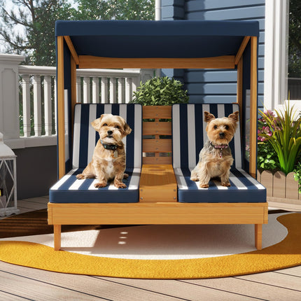 Costzon Kids Lounge Chair Outdoor, Wood Double Seat Chaise Lounge with Canopy