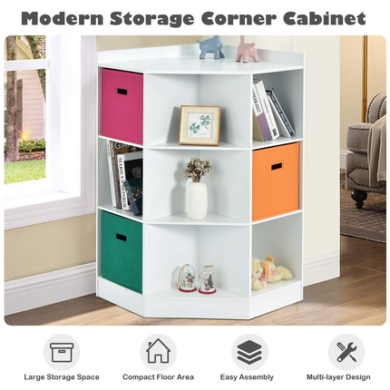 Costzon 9-Cubby Kids Bookcase, Children's Corner Cabinet with 6 Cubes and 3 Shelves, Wooden Toy Organizers and Storage Book Shelves