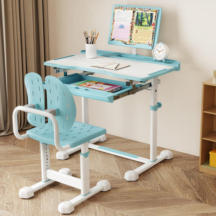 Costzon Kids Height-Adjustable Children Study Desk Set with Tilt Desktop & Book Stand
