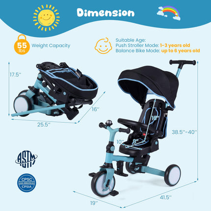 Costzon Kids Tricycle 8-in-1 Folding Toddler Trike  Handle Removable & Adjustable Canopyight