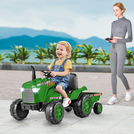 Costzon 2-in-1 Ride On Tractor, 12V Kids Ride on Car w/Detachable Trailer, Remote Control, Tractor Toys for Kids 3-8