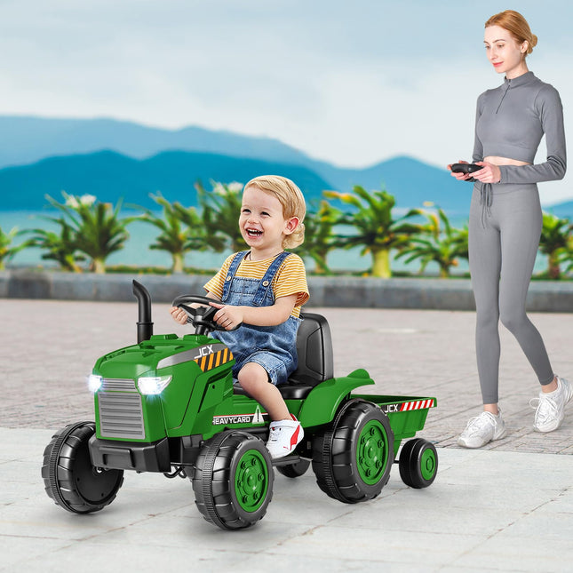 Costzon 2-in-1 Ride On Tractor, 12V Kids Ride on Car w/Detachable Trailer, Remote Control, Tractor Toys for Kids 3-8