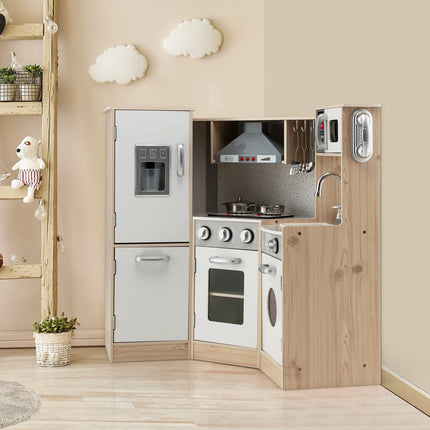 Costzon Kids Corner Kitchen Playset, Wooden Pretend Play Kitchen Toy Set