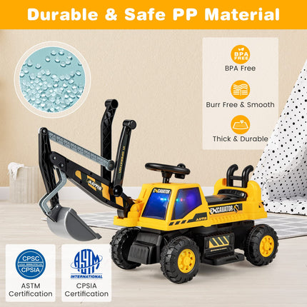 Costzon Ride on Excavator, 6V Battery Powered Digger with Under Seat Storage, Music, LED Lights