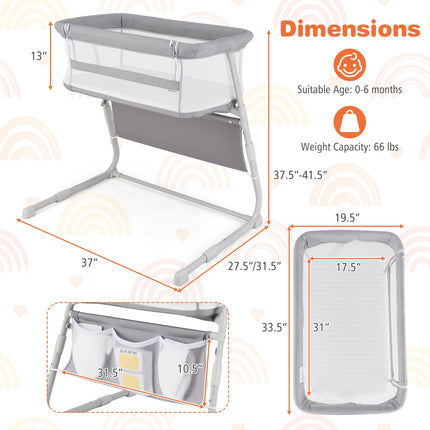 BABY JOY Bassinet, Bedside Crib w/Adjustable Height, Comfy Mattress, Full-Mesh Sides and Storage Pockets (37" x 31.5" x 41.5")