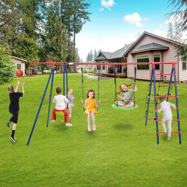 Costzon Swing Sets for Backyard, 6 in 1 Heavy-Duty Metal Swing Set with 2 Swings