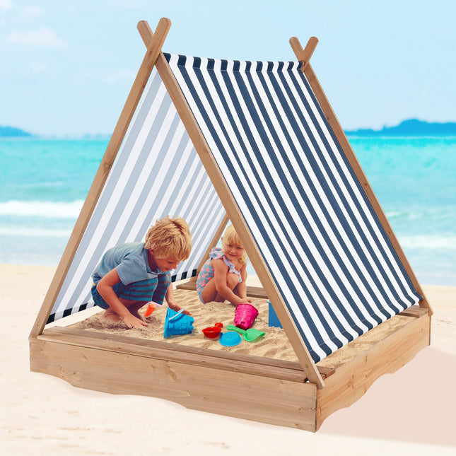 Costzon Kids Sandbox with Canopy, 49" x 48" Large Wooden Sand Box w/ 2 Bench Seats