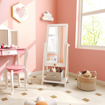 Costzon Kids Full Length Mirror, Princess Floor Free Standing Mirror w/Storage Shelf & Basket (White)