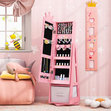 Costzon Kids Jewelry Armoire, 360° Swivel Jewelry Cabinet with Full Length Mirror