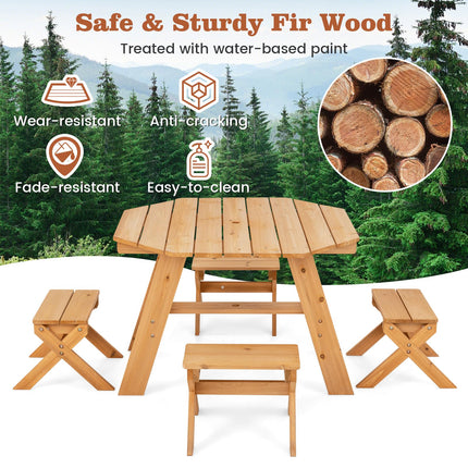 Costzon Kids Picnic Table, Fir Wood Octagon Kids Table and Chair Set with Removable Umbrella