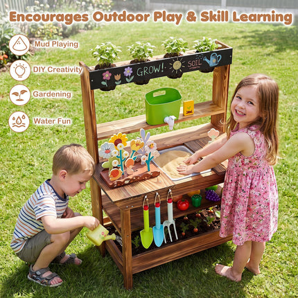 Costzon Outdoor Mud Kitchen for Kids | Toddler Wooden Potting Bench w/Water Faucet