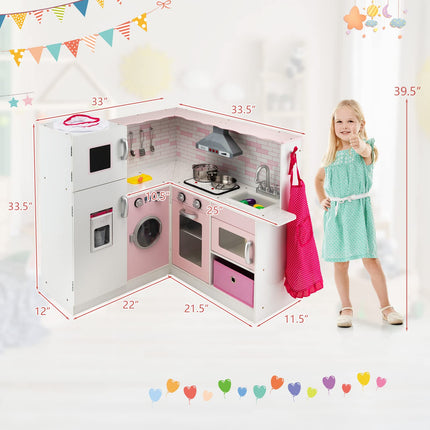 Costzon Kids Corner Kitchen Playset, Wooden Pretend Play Kitchen Toy Set