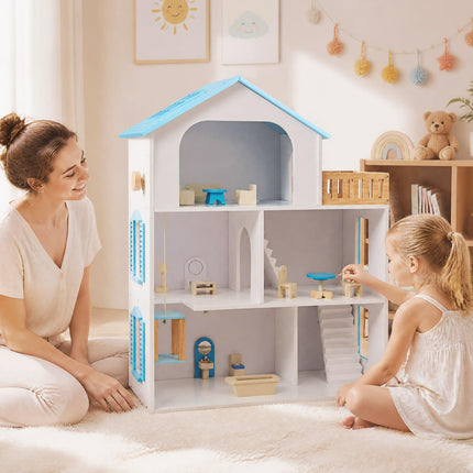 Costzon Wooden Dollhouse with 5 Rooms and Furniture Accessories
