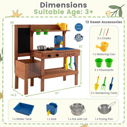 Costzon Mud Kitchen | Solid Wood Toddler Role Play Toy w/Planter Box