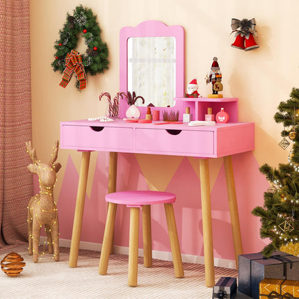 Costzon Kids Vanity Set, Girls Vanity Set with Mirror and Stool, Wooden Princess Makeup Dressing Table