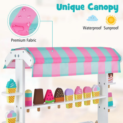 Costzon Wooden Ice Cream Cart for Kids, Pretend Play Food Trunk Toy w/ Display Rack