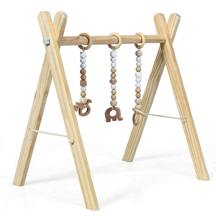 BABY JOY Portable Wooden Baby Gym, Foldable Baby Play Gym Frame, Baby Exercise Activity Gym Hanging Bar