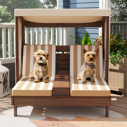 Costzon Kids Lounge Chair Outdoor, Wood Double Seat Chaise Lounge with Canopy, Cup Holders