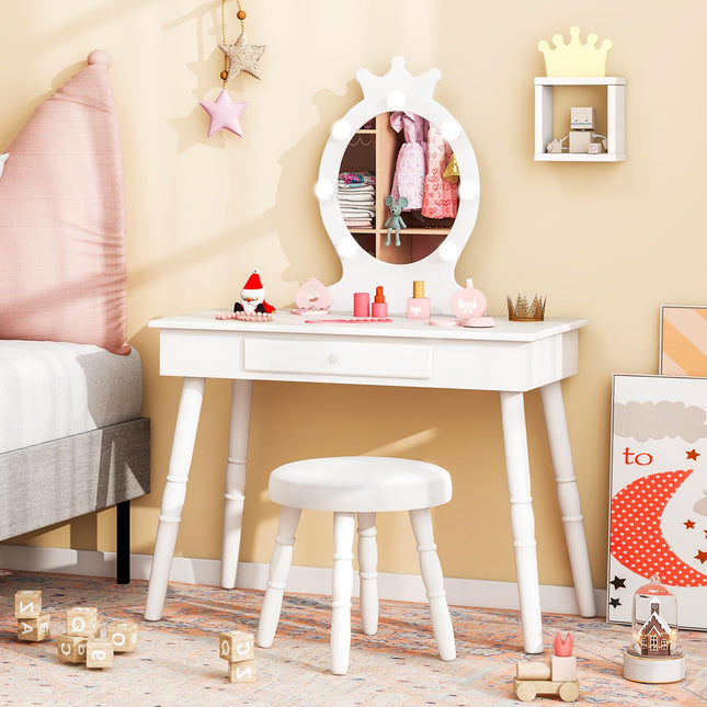 Costzon Kids Vanity, Girls Vanity Set with Mirror and Stool and Lights, Drawer, Pretend Play Kids Vanity Table and Chair Set