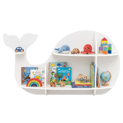 Costzon Wooden Whale-Shaped Wall Shelf | Floating Bookshelf with 6 Open Shelves