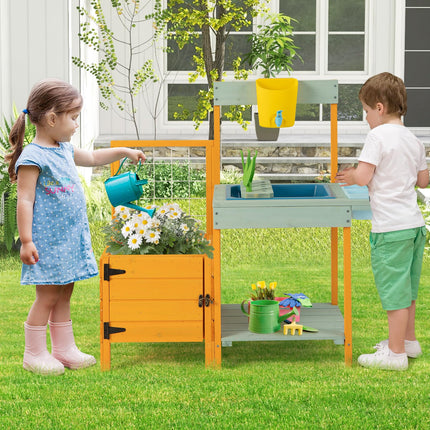 Costzon Mud Kitchen, Kids Potting Bench with Garden Bed & See-Through Window, Treills, Kids Kitchen Playset