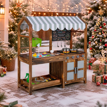 Costzon Wooden Kids Mud Kitchen with Canopy 2-Sided Chalkboard