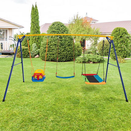 Costzon 660 lbs Swing Sets for Backyard, 3-in-1 Heavy Duty Extra Large Metal Swing Frame with Platform Swing