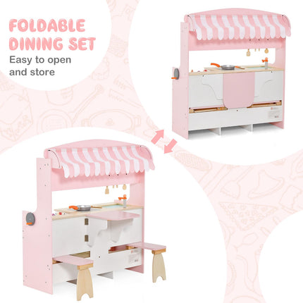 Costzon Double-Sided Play Kitchen & Restaurant Toy Set, 2 in 1 Wooden Pretend Diner Set