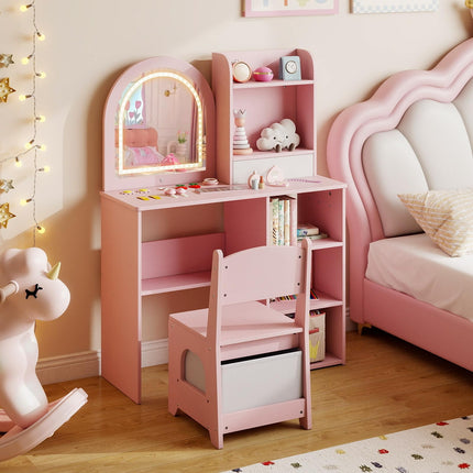 Costzon Wooden Kids Vanity Table and Chair Set with Mirror Hooks & Open Shelves