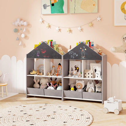 Costzon Kids Bookshelf, Wooden Dollhouse Bookcase with Blackboard, Whiteboard