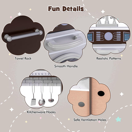 Costzon 2-Piece Play Kitchen for Kids, Wooden Toy Kitchen Set with Washing Machine, Kids Kitchen Playset with Sounds & Lights