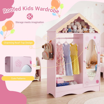Costzon Kids Dress Up Storage with Mirror Roofed Wardrobe Closet