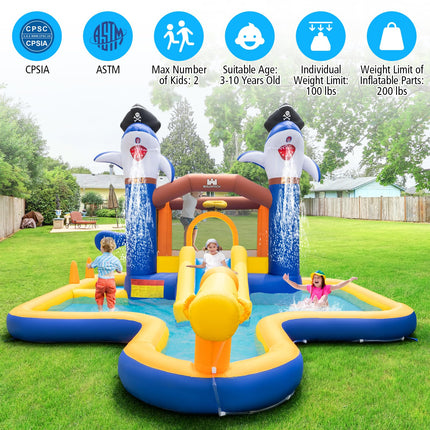 BOUNTECH Inflatable Water Slide, Shark Themed Water Bounce House with Slide for Kids Backyard Fun
