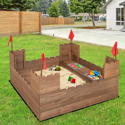 Costzon Kids Sandbox, Cedar Wood 45" x 45" Sand Pit w, Outdoor Sand Box for Kids Age 3+ for Backyard Garden Beach