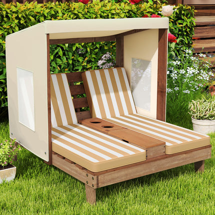Costzon Kids Lounge Chair Outdoor, Wood Double Seat Chaise Lounge with Canopy, Cup Holders