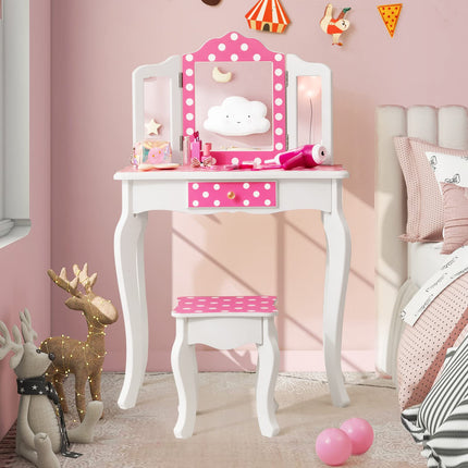 Costzon Kids Vanity Table and Chair Set, Girls Vanity Set with Mirror and Stool, Pretend Play Vanity Set for Little Girls