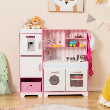 Costzon Kids Kitchen Playset, Wooden Little Chef Pretend Play Kitchen with Deluxe LED Lights, Pink