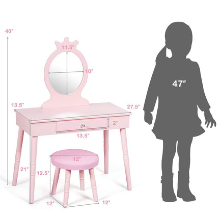 Costzon Kids Vanity & Jewelry Armoire Cabinet, Wooden Kids Vanity Table and Chair Set