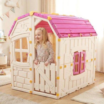 Costzon Kids Outdoor Playhouse with Openable Windows and Door