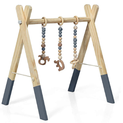 BABY JOY Portable Wooden Baby Gym, Foldable Baby Play Gym Frame, Baby Exercise Activity Gym Hanging Bar