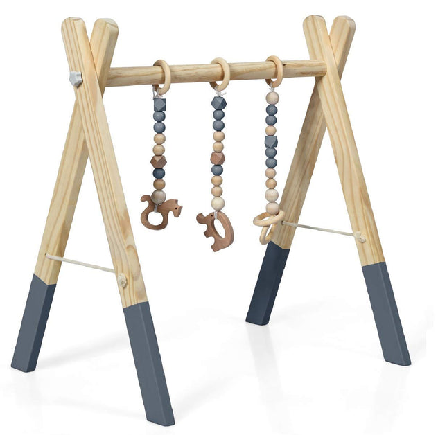 BABY JOY Portable Wooden Baby Gym, Foldable Baby Play Gym Frame, Baby Exercise Activity Gym Hanging Bar