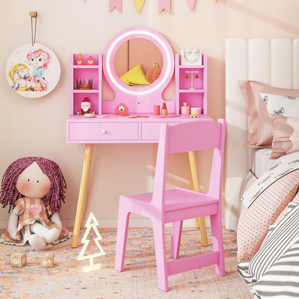 Costzon Kids Vanity, Girls Vanity Set with Mirror and Stool and Lights, Drawers, Storage Shelves