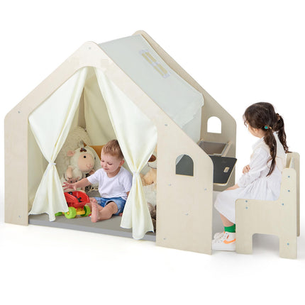 Costzon 6-in-1 Kids Tent, Large Wooden Frame Playhouse with Table and Chair Set