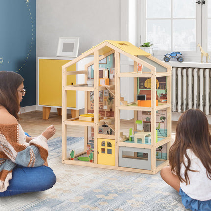 Costzon Wooden Dollhouse for Kids Modern Family Pretend Playhouse