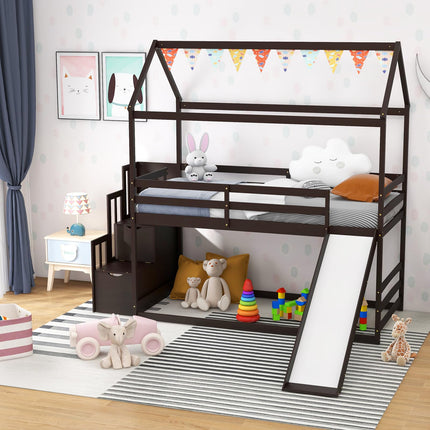 Costzon House Bunk Bed, Twin Over Twin Wood Kids Bed Frame with Slide & Storage Staircase
