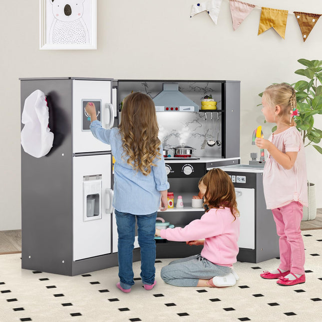 Costzon Corner Kids Kitchen Playset, Wooden Pretend Toy Kitchen Set, Toddler Play Kitchen for Boys Girls 3+