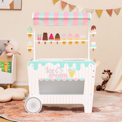 Costzon Wooden Ice Cream Cart for Kids, Pretend Play Food Trunk Toy w/ Display Rack